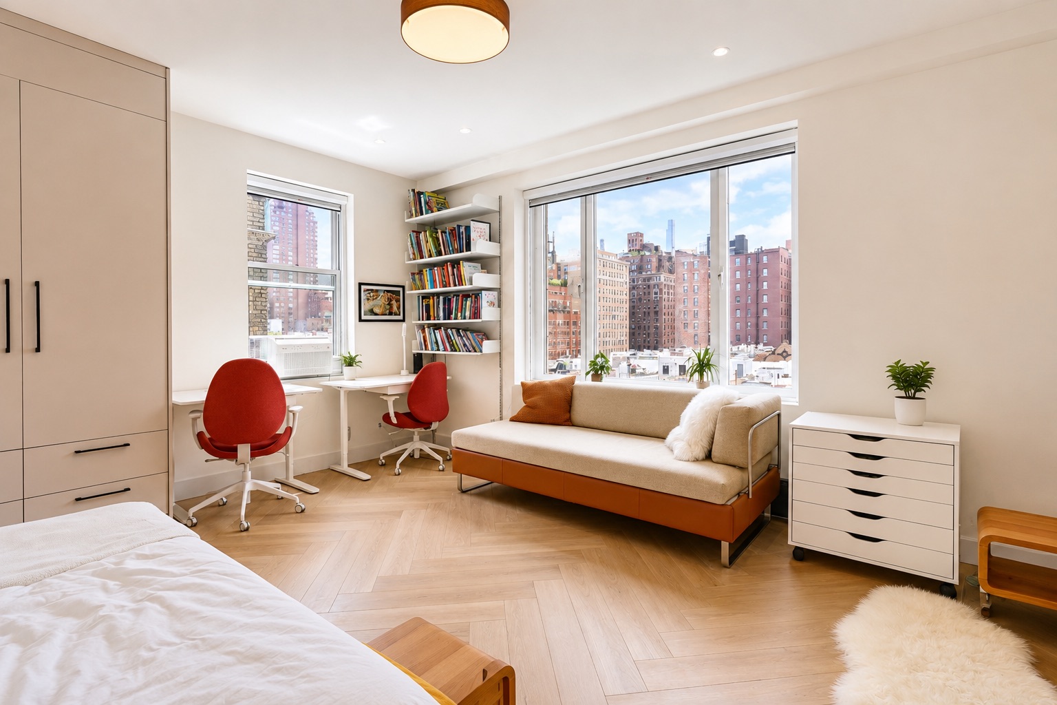 Bright primary bedroom with open city skyline views